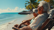 an older couple, pensioners in paradise, on the tropical sandy beach, white sand, by the sea, lying on the sun lounger, emigrated in old age,