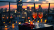 Rooftop Sunset Cocktails Overlooking City Skyline. Two cocktails adorn a rooftop setting, with the warm hues of a sunset sky and city lights creating an intimate urban evening atmosphere