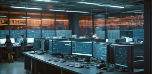 Room with computers and screens, cybersecurity background, control room, data management center