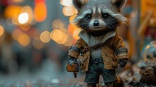 A Close Up Of A Small Toy Raccoon Wearing A Jacket And Holding A Camera On A City Street.