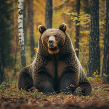 A Large Brown Bear Resting In An Autumn Forest. Made With Generative Ai