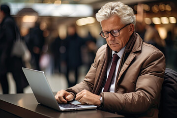 Poster - Older man wearing glasses and a suit sits at a table working on a laptop.