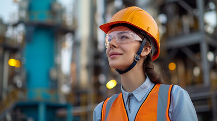 An adult woman, Caucasian, is on an oil platform or gas or hydrogen refinery, energy industry and extraction of raw materials, wearing a hardhat and worker's vest, job and profession and career