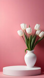 Fototapeta Tulipany - White platform for presentation of products, cosmetics on a pink background with tulips.