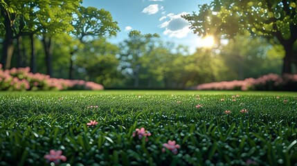 Poster - Spring nature blurry background image showing a neatly trimmed lawn surrounded by trees against a cloudy blue sky.