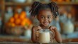 Happy, smiling and strong African girl is flexing muscles with calcium in a glass from healthy drink for energy, growth, and nutrition.