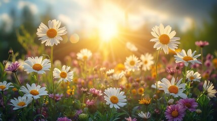 Poster - An amazing, sun-drenched, beautiful, colorful panoramic spring summer meadow with daisies and blue sky. Soft selective focus. A beautiful, sunny spring summer meadow filled with daisies and blue