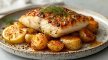 A Close Up Of A Plate Of Food With Fish And Potatoes On A Plate With A Garnish On Top.