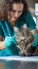 Wall Mural - Female veterinarian administers immunization to cat. Vet in scrubs and gloves, cat on exam table.