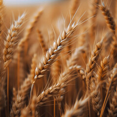 Wheat field at sunset. Ears of golden wheat close-up. Rich harvest Concept.