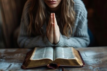A woman in prayer with a Bible resting on the table.