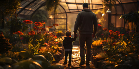 Wall Mural - Back of man and little boy walking in garden