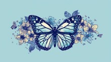 A Blue Butterfly With Yellow And Blue Flowers On A Light Blue Background With A Border Of Blue And Yellow Flowers.
