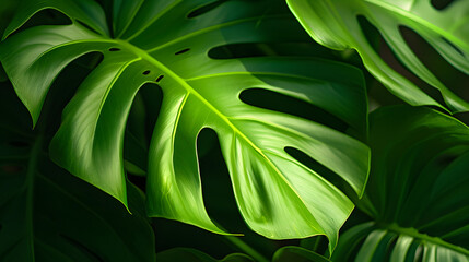Wall Mural - Green leaves of Monstera philodendron plant growing in wild, the tropical forest plant, evergreen vines abstract color on dark background.