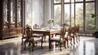Luxurious oriental style dining room with classic Chinese wooden chairs and a modern white marble table, featuring a premium wall decoration, shiny parquet floor, and sunlight.