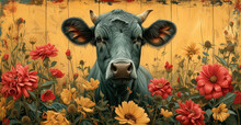 A Painting Of A Cow In A Field Of Flowers With A Wooden Fence In The Background And A Painting Of Red And Yellow Flowers In The Foreground.