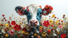 A Painting Of A Cow In A Field Of Wildflowers And Daisies With A Gray Sky In The Background.