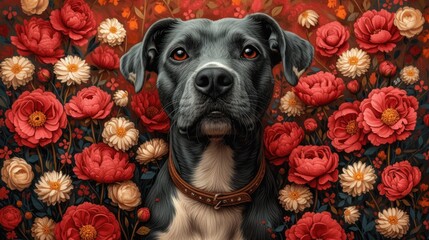 Wall Mural - a painting of a black and white dog in a field of red and white flowers with a brown leather collar.