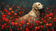 a painting of a golden retriever sitting in a field of red and orange flowers with a dark green background.