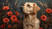 A Painting Of A Golden Retriever Sitting In Front Of A Field Of Red Poppies And Yellow Daisies.