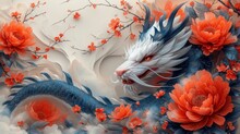 A Painting Of A Dragon And A Dragon With Red Flowers On It's Body And A Dragon's Head In The Middle Of The Painting.