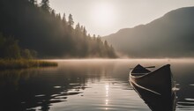 Bow Of A Canoe In The Morning On A Misty Lake
