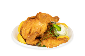 Lahori Chicken Chargha in white plate, roasted chicken with Salad isolated on the white background 