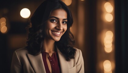 Wall Mural - Candid portrait of a young woman smiling against a plain dark background. The young Indian lady