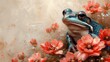 a painting of a frog sitting on a flowery branch with red flowers in the foreground and a white background.