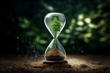  Hourglass With Wood Inside. Symbol Of The Passage Of Time, Concept Of Caring For Nature, Depletion Of Natural Resources