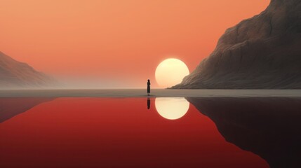Wall Mural - sunset serenity by the water, where the sky paints hues of red and orange over the tranquil lake, re