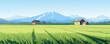 Beautiful rural landscape with fields, green meadows, trees, houses, barns against the backdrop of high mountains. Country farm. Vector illustration for design.