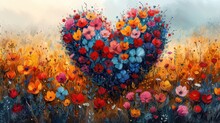 A Painting Of A Heart - Shaped Painting Of Flowers In A Field Of Yellow, Red, And Blue Flowers.