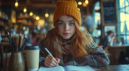 A creative woman in a cozy beanie and vibrant yellow hat sits at an indoor table, her hair framing her human face as she writes in a book while sipping on a warm cup of coffee