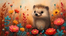 A Painting Of A Porcupine In A Field Of Wildflowers With A Background Of Red, Yellow, And Blue Flowers.