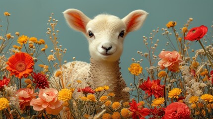 Wall Mural - a close up of a sheep in a field of flowers with flowers in the foreground and a blue sky in the background.