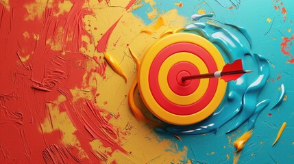 Poster - Illustration of target with arrow over colorful paint splash background