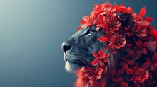 A Close Up Of A Lion With A Bunch Of Red Flowers On It's Head And A Blue Background.