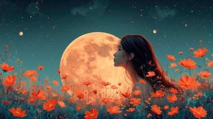 a woman with long hair standing in a field of flowers with a full moon in the sky in the background.