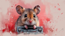 A Painting Of A Mouse Sitting On Top Of A Piece Of Metal In Front Of A Red And Pink Background.