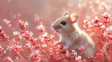A Small Mouse Sitting On Top Of A Pink Flowery Plant Filled With Tiny White And Red Flowers On A Pink Background.
