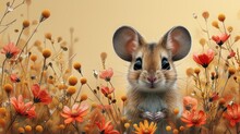 A Picture Of A Mouse In A Field Of Flowers With A Background Of Orange And Yellow Flowers And A Yellow Sky.
