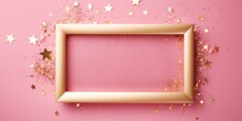Pink Rose Golden Blank Frame Background With Confetti Glitter And Sparkles