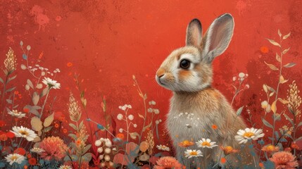 a painting of a rabbit sitting in the middle of a field of flowers with a red wall in the background.