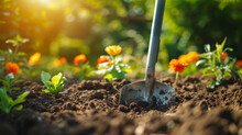 Shovel Inserted Into Rich Soil In A Garden, With Vibrant Marigold Flowers And Other Plants Bathed In Sunlight, Suggesting Gardening Activities.