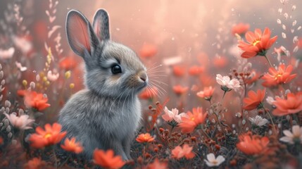 a rabbit sitting in the middle of a field of red and white flowers with a pink sky in the background.