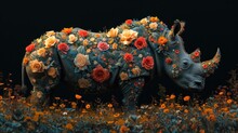 A Rhino With Flowers On It's Back Standing In The Middle Of A Field Of Orange And Yellow Flowers.