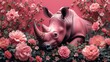 a rhino in a field of flowers with pink flowers on the side of the picture and the rhino's head in the middle of the picture.