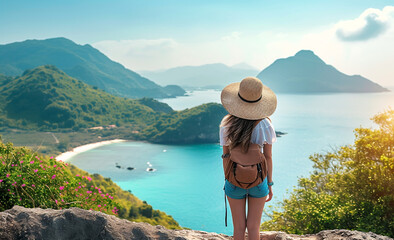 Young woman traveler with backpack and hat standing on top of mountain and looking at beautiful sea view.Wellness Travel,Wellness Tourism,Wellness Nature,Relax and Wellness Holidays Concept.