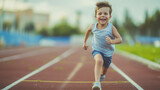 Fototapeta  - Little child running filled with joy and energy running on athletic track, young boy runner training on the stadium. Concept of sport, fitness, achievements, studying